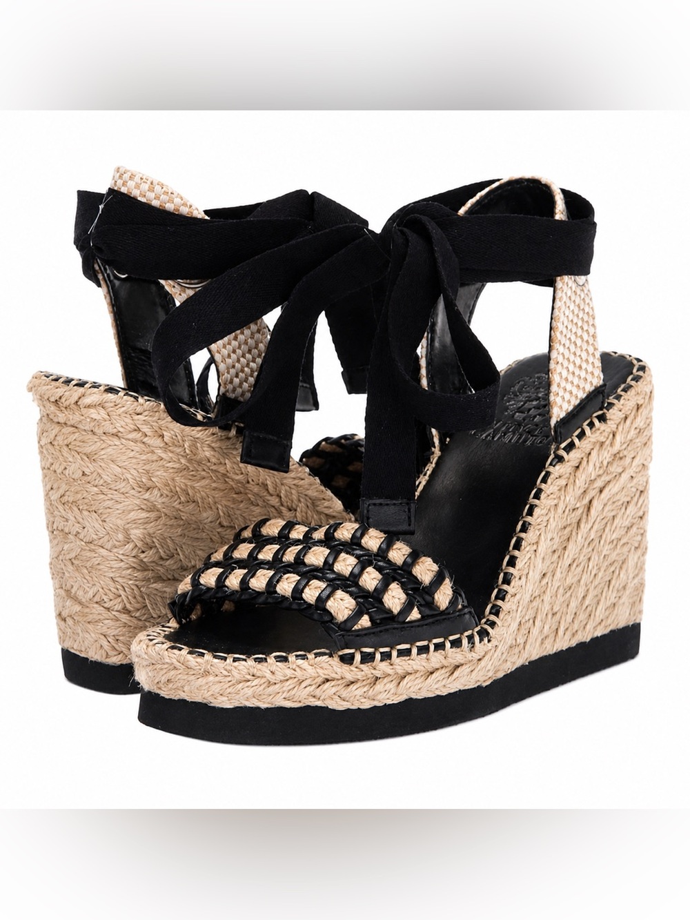 Vince Camuto Brisshel Black Natural Beige Wedge Sandals Size 8..5 New